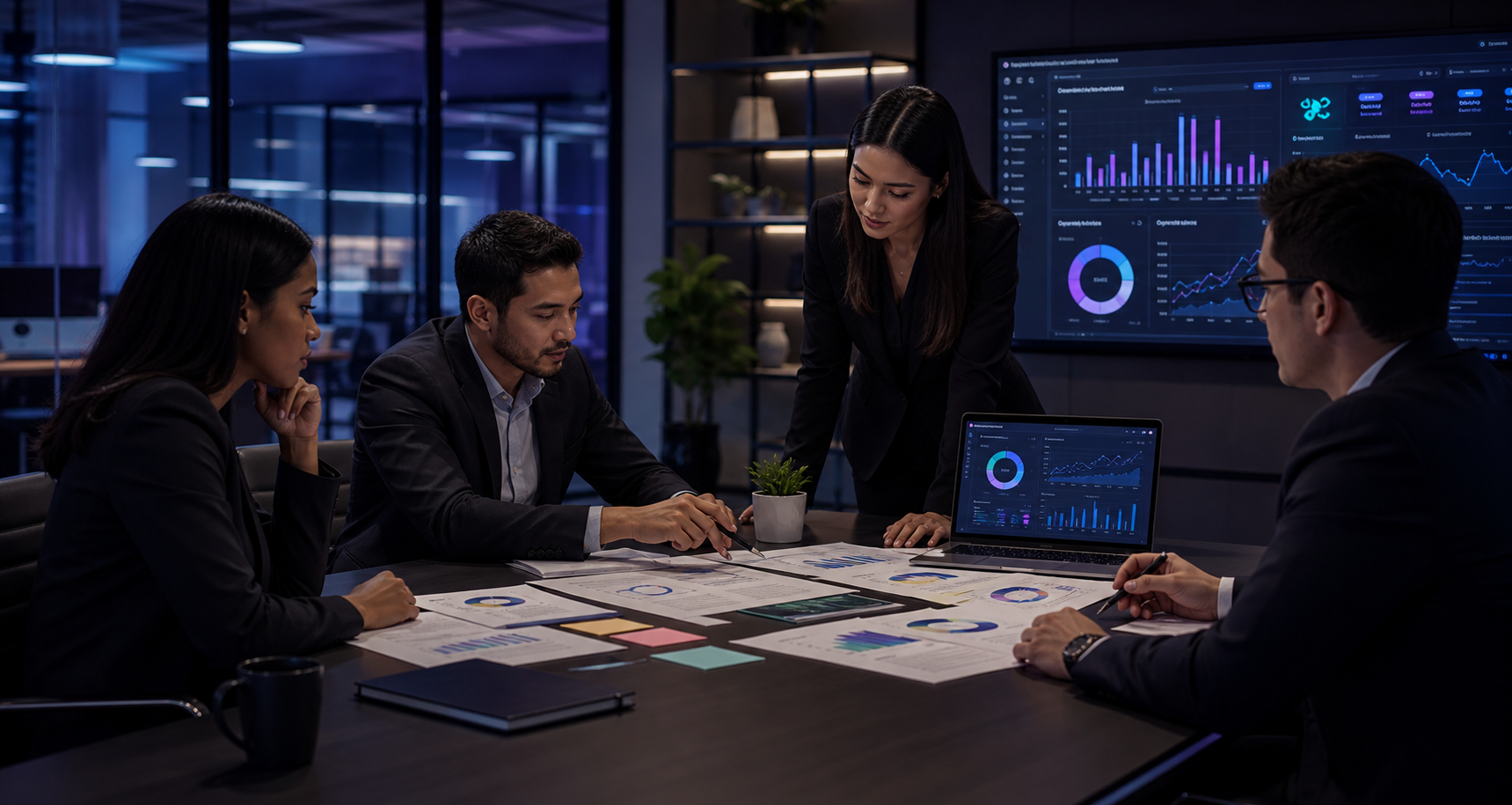 Business leaders collaborating on transformation strategy in a modern office